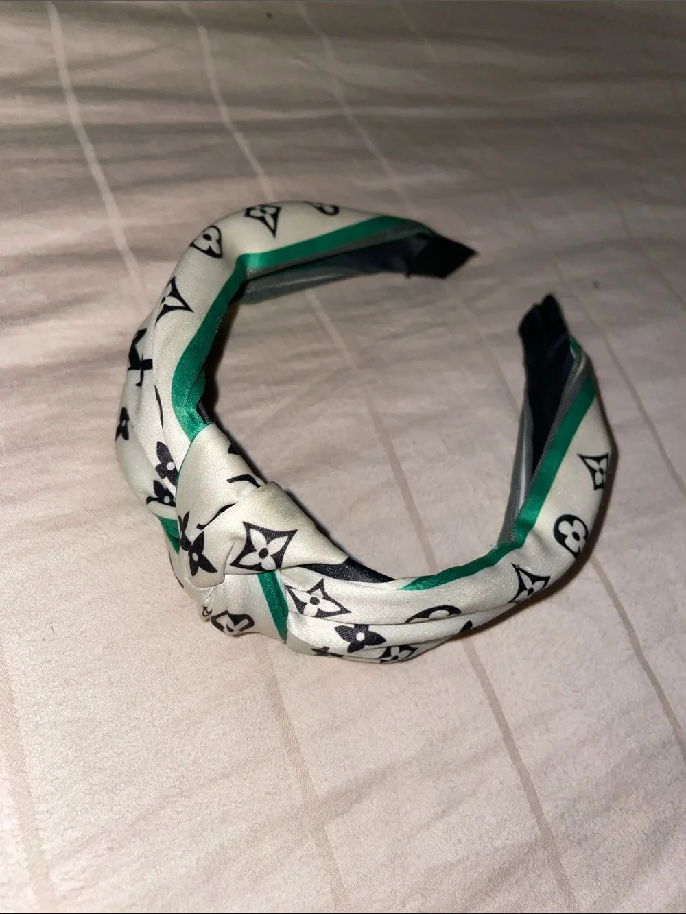 Designer-Style White and Green Patterned Knotted Headband